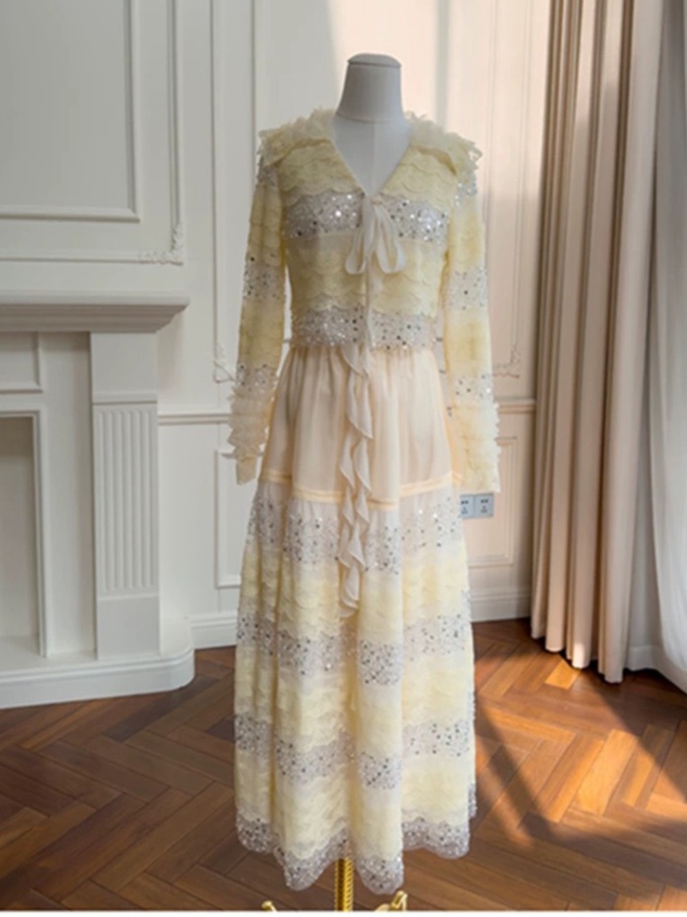 French Elegant Yellow Lace Sequin Two Piece Set Long Sleeve Top Maxi Skirt